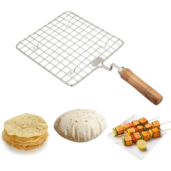 Square stainless steel roaster with wooden handle for grilling.