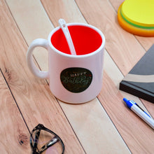 Coffee mug with mixed designs for various drinks.