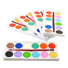 Watercolor painting set with 12 colors and brush.