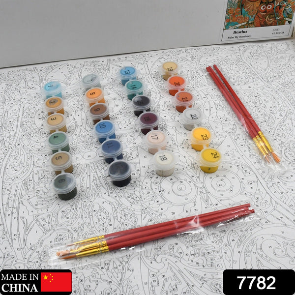 Adult paint-by-number kit with 24 colors, pre-printed canvas, and paintbrushes.